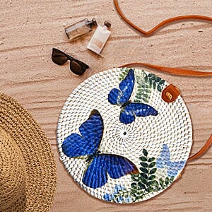 Tamsy Handmade White Round Shape Rattan Crossbody Bag with Blue Butterfly Printed Motif 