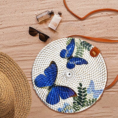 Tamsy Handmade White Round Shape Rattan Crossbody Bag with Blue Butterfly Printed Motif 
