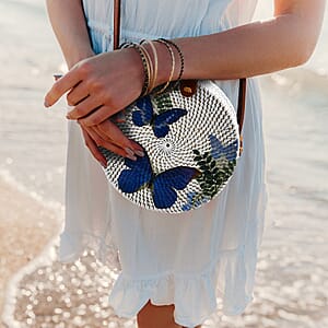 Tamsy Handmade White Round Shape Rattan Crossbody Bag with Blue Butterfly Printed Motif 