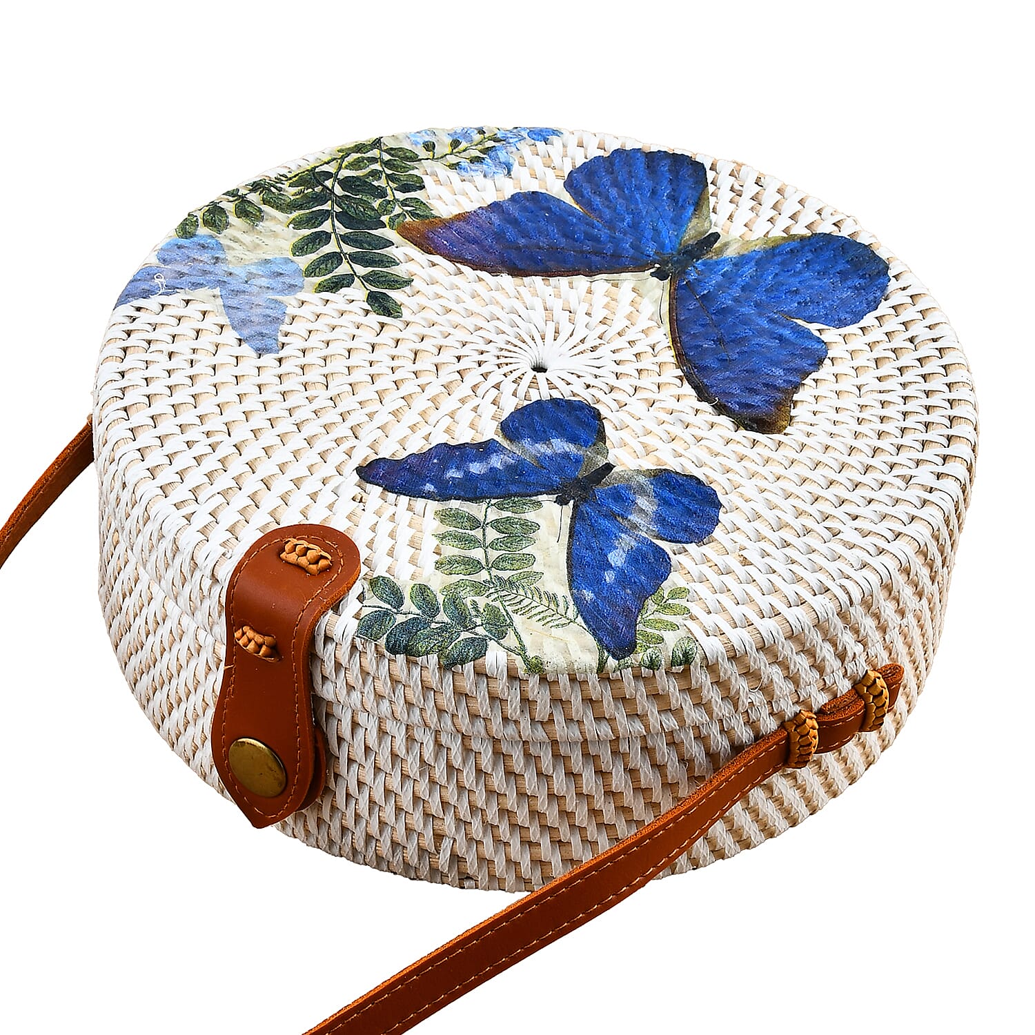 Tamsy Handmade White Round Shape Rattan Crossbody Bag with Blue Butterfly Printed Motif 