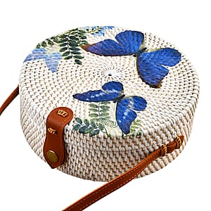 Tamsy Handmade White Round Shape Rattan Crossbody Bag with Blue Butterfly Printed Motif 