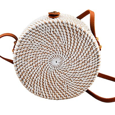Tamsy Handmade White Round Shape Rattan Crossbody Bag with Blue Butterfly Printed Motif 
