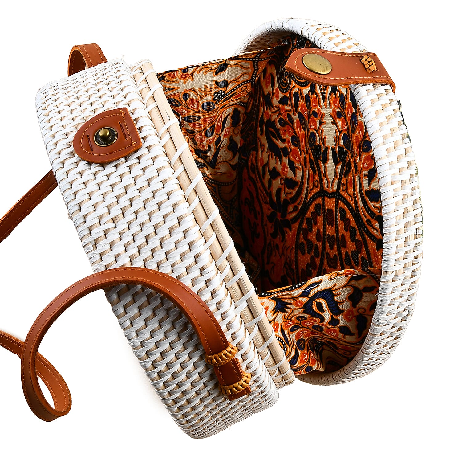 Tamsy Handmade White Round Shape Rattan Crossbody Bag with Blue Butterfly Printed Motif 