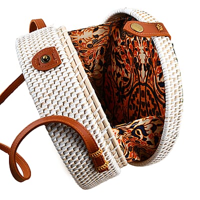 Tamsy Handmade White Round Shape Rattan Crossbody Bag with Blue Butterfly Printed Motif 