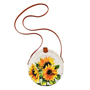 Tamsy Handmade White Round Shape Rattan Crossbody Bag with Sunflower Printed Motif 