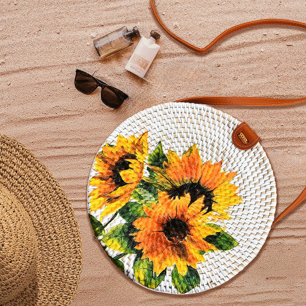 Tamsy Handmade White Round Shape Rattan Crossbody Bag with Sunflower Printed Motif  image number 1