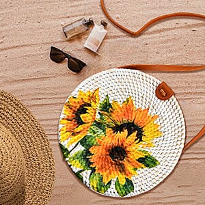 Tamsy Handmade White Round Shape Rattan Crossbody Bag with Sunflower Printed Motif 