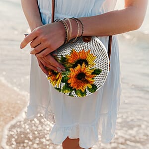 Tamsy Handmade White Round Shape Rattan Crossbody Bag with Sunflower Printed Motif 