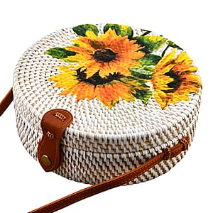 Tamsy Handmade White Round Shape Rattan Crossbody Bag with Sunflower Printed Motif 