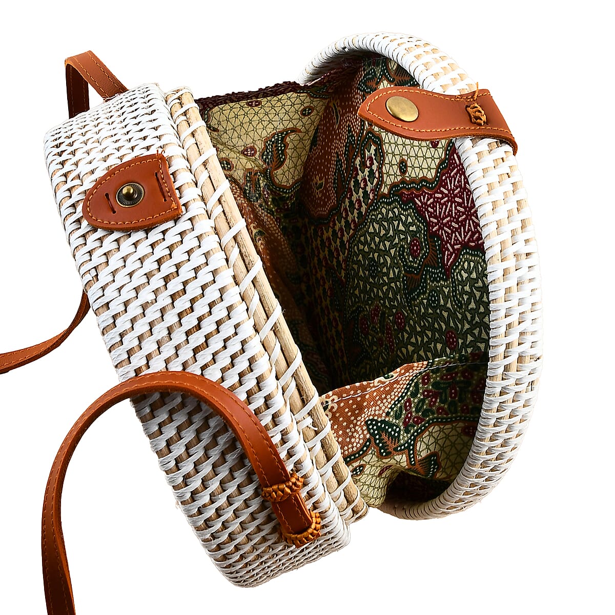 Tamsy Handmade White Round Shape Rattan Crossbody Bag with Sunflower Printed Motif  image number 5