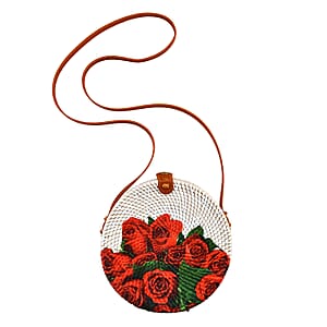Tamsy Handmade White Round Shape Rattan Crossbody Bag with Rose Printed Motif 