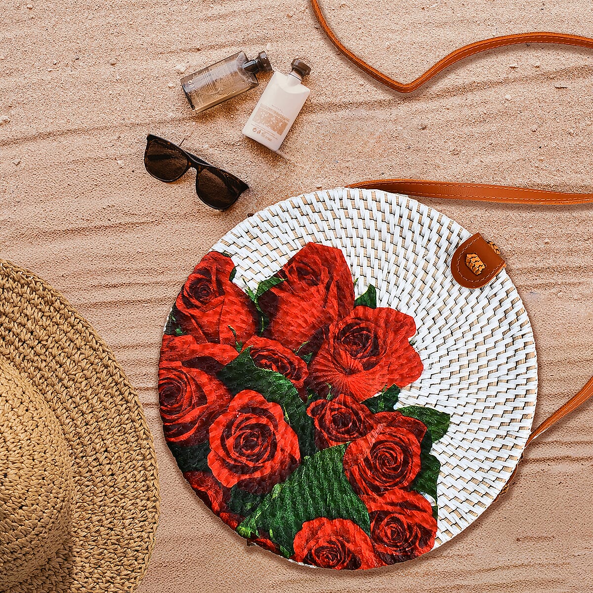 Tamsy Handmade White Round Shape Rattan Crossbody Bag with Rose Printed Motif  image number 1