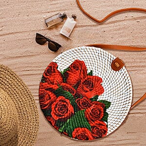 Tamsy Handmade White Round Shape Rattan Crossbody Bag with Rose Printed Motif 