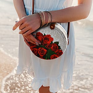 Tamsy Handmade White Round Shape Rattan Crossbody Bag with Rose Printed Motif 