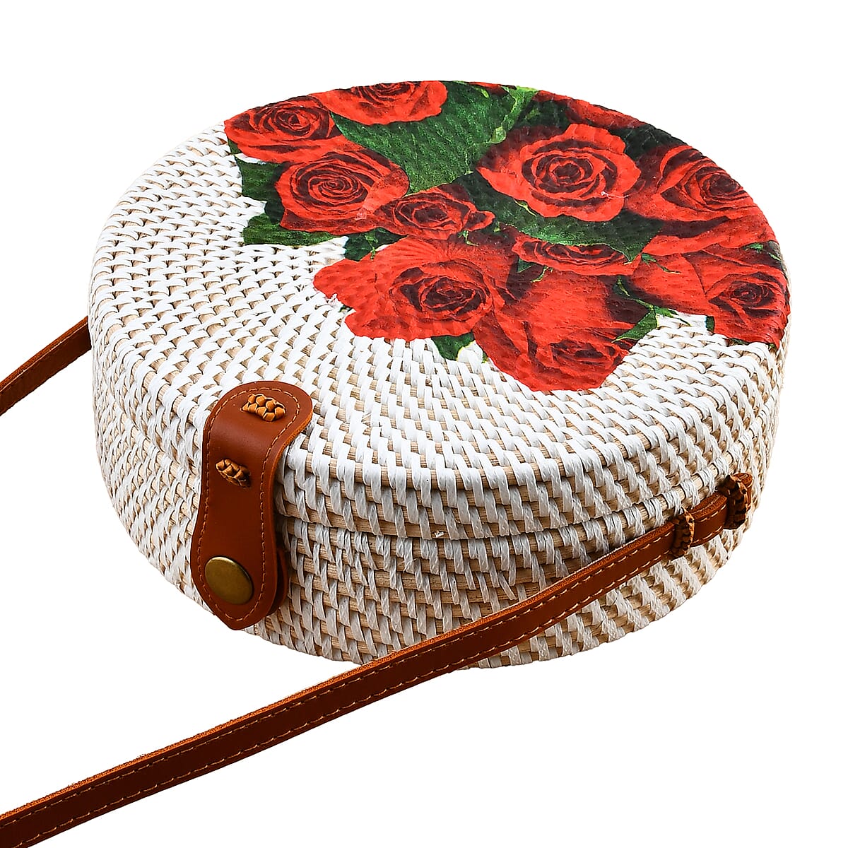 Tamsy Handmade White Round Shape Rattan Crossbody Bag with Rose Printed Motif  image number 3
