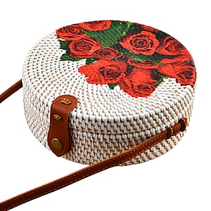Tamsy Handmade White Round Shape Rattan Crossbody Bag with Rose Printed Motif 