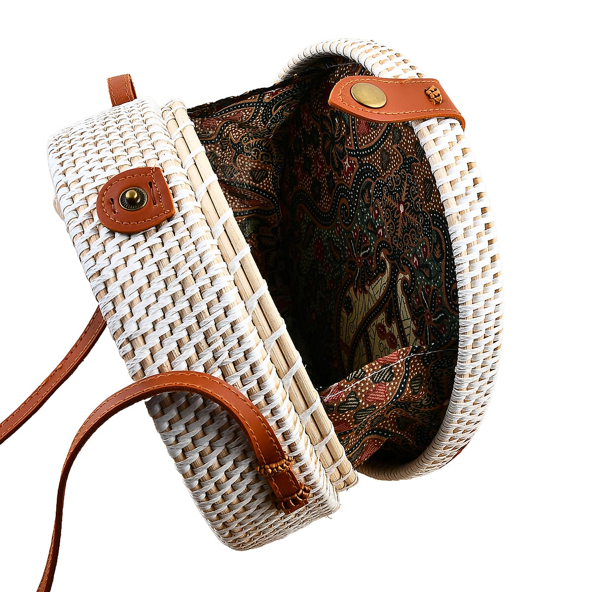 Tamsy Handmade White Round Shape Rattan Crossbody Bag with Rose Printed Motif  image number 5