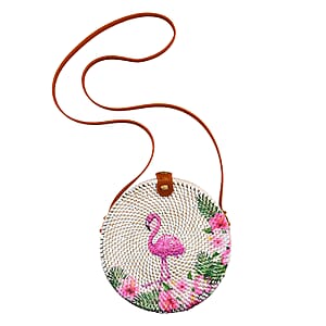 Tamsy Handmade White Round Shape Rattan Crossbody Bag with Flamingo Printed Motif 
