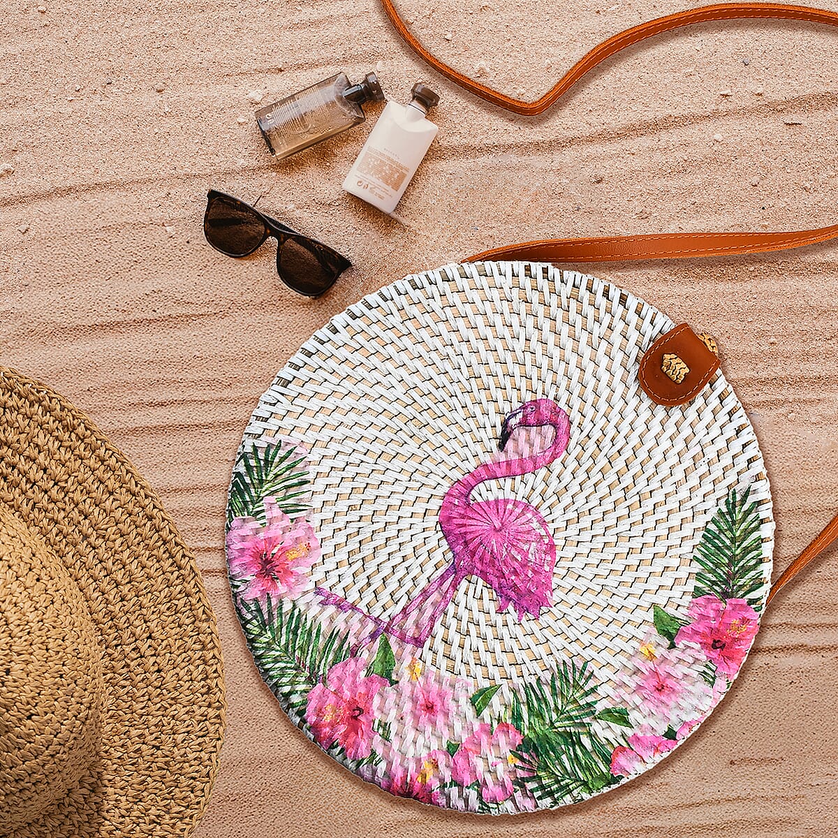 Tamsy Handmade White Round Shape Rattan Crossbody Bag with Flamingo Printed Motif  image number 1