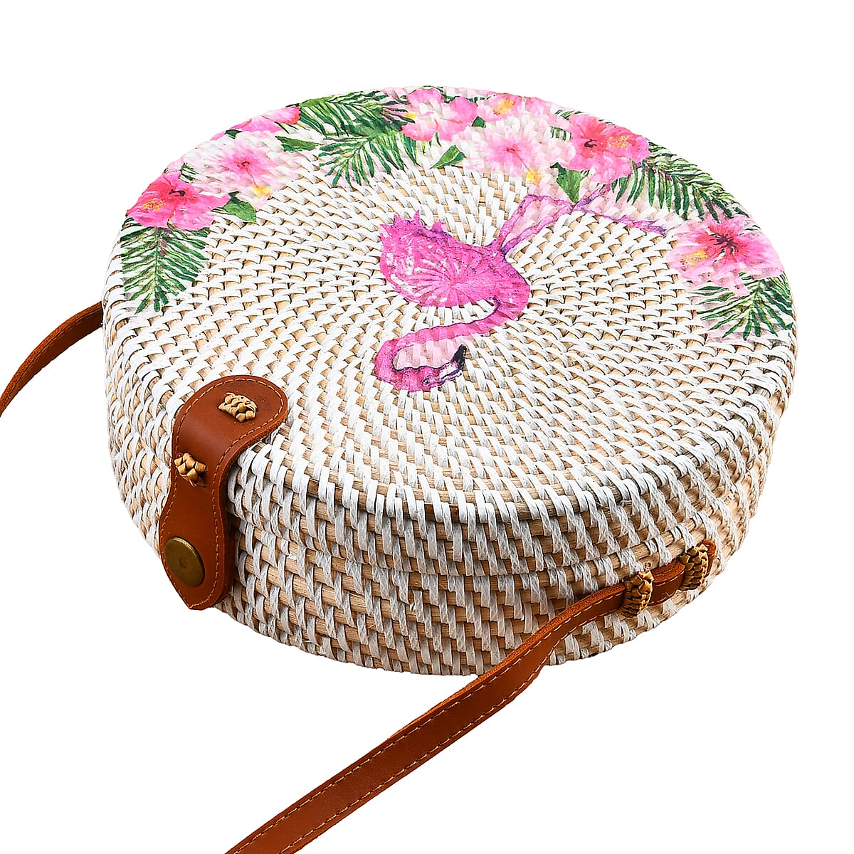 Tamsy Handmade White Round Shape Rattan Crossbody Bag with Flamingo Printed Motif  image number 3