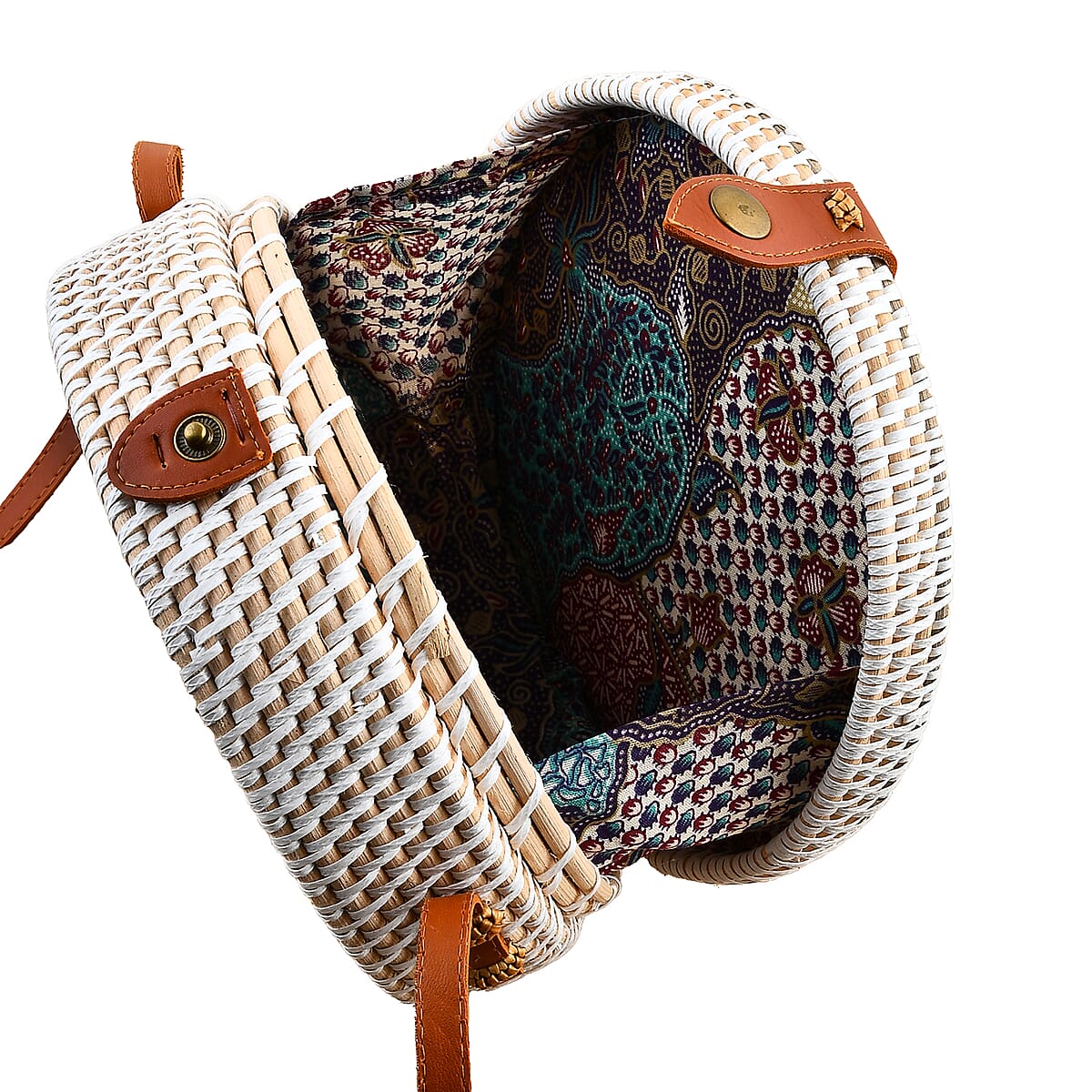 Tamsy Handmade White Round Shape Rattan Crossbody Bag with Flamingo Printed Motif  image number 5