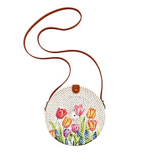 Tamsy Handmade White Round Shape Rattan Crossbody Bag with Floral Printed Motif 