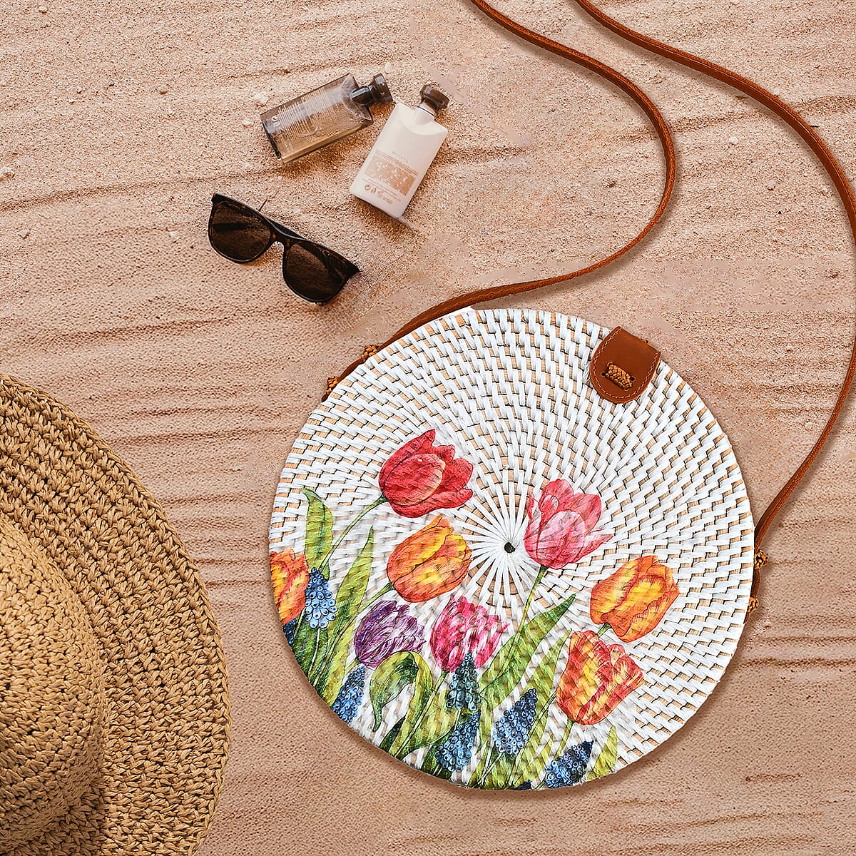 Tamsy Handmade White Round Shape Rattan Crossbody Bag with Floral Printed Motif  image number 1