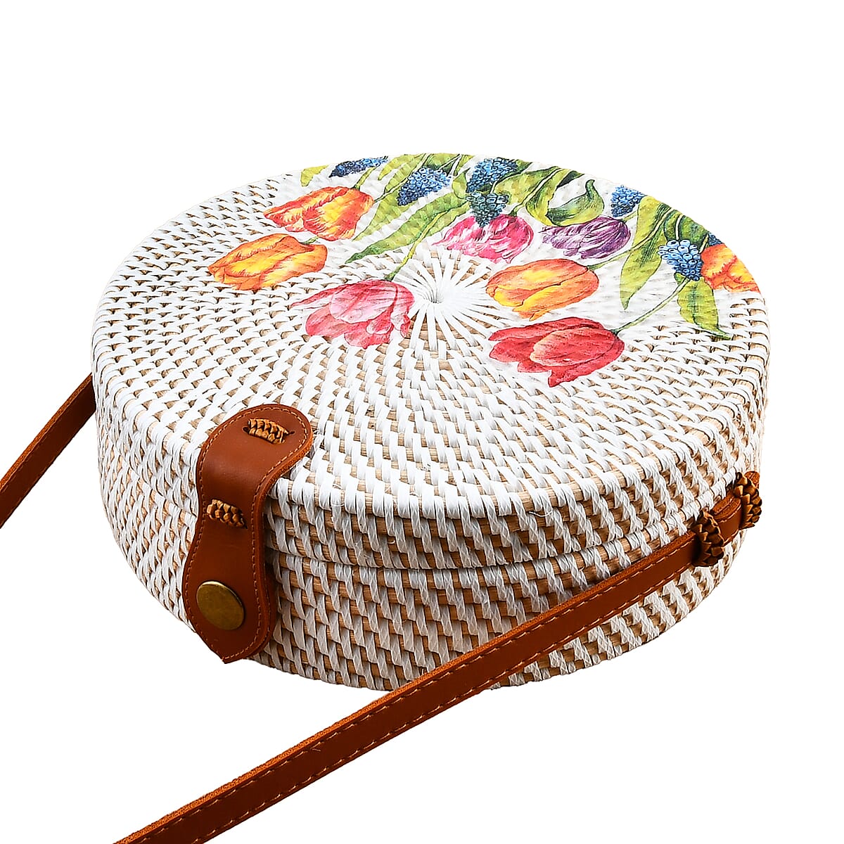 Tamsy Handmade White Round Shape Rattan Crossbody Bag with Floral Printed Motif  image number 3