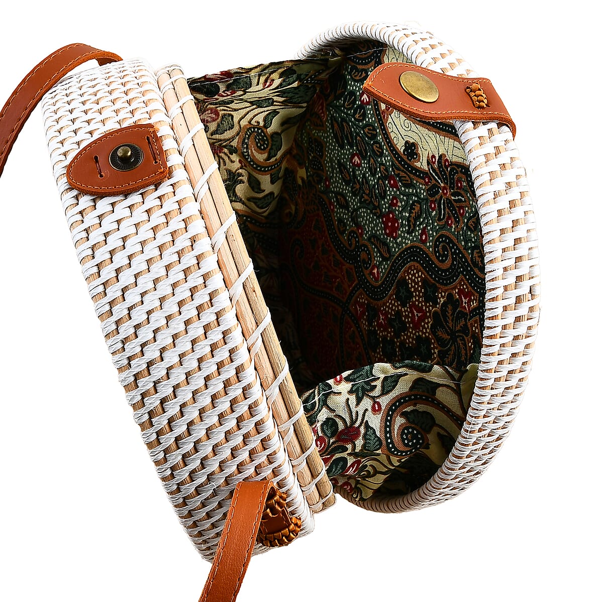 Tamsy Handmade White Round Shape Rattan Crossbody Bag with Floral Printed Motif  image number 5