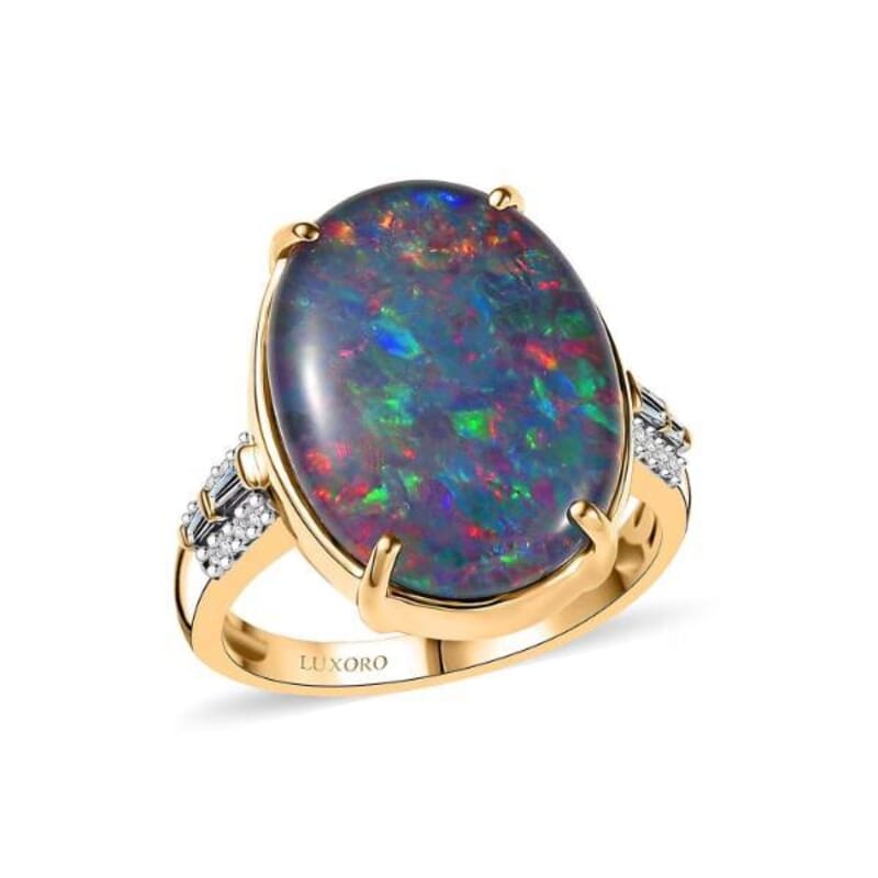 Luxoro AAA Elysian Opal (Triplet) and G-H I2 Diamond 6.40 ctw Art Deco Ring in 10K Yellow Gold (Size 10.0)