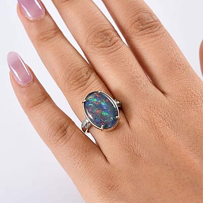 Luxoro AAA Elysian Opal (Triplet) and G-H I2 Diamond 6.40 ctw Art Deco Ring in 10K Yellow Gold (Size 10.0)