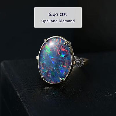 Luxoro AAA Elysian Opal (Triplet) and G-H I2 Diamond 6.40 ctw Art Deco Ring in 10K Yellow Gold (Size 10.0)