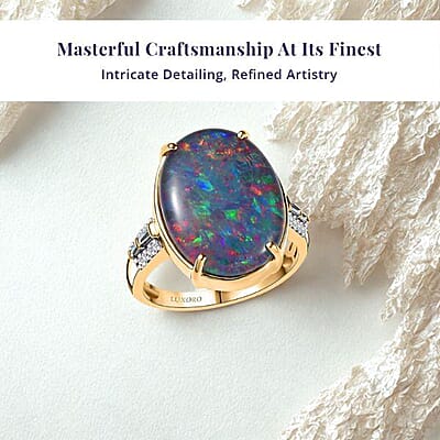 Luxoro AAA Elysian Opal (Triplet) and G-H I2 Diamond 6.40 ctw Art Deco Ring in 10K Yellow Gold (Size 10.0)