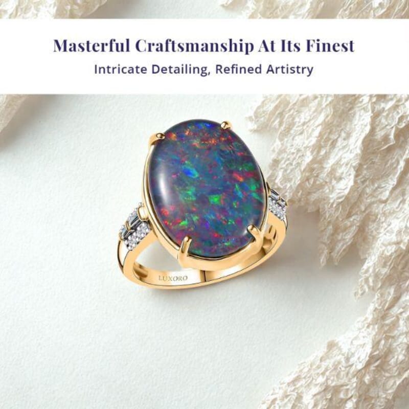 Luxoro AAA Elysian Opal (Triplet) and G-H I2 Diamond 6.40 ctw Art Deco Ring in 10K Yellow Gold (Size 10.0)
