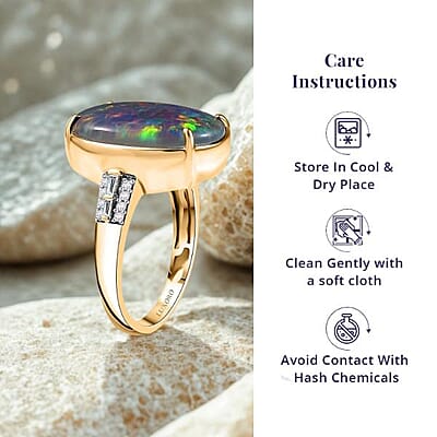 Luxoro AAA Elysian Opal (Triplet) and G-H I2 Diamond 6.40 ctw Art Deco Ring in 10K Yellow Gold (Size 10.0)