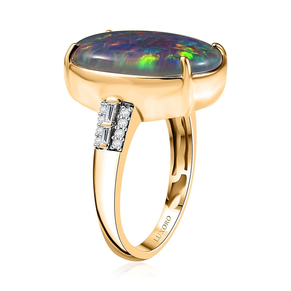 Luxoro AAA Elysian Opal (Triplet) and G-H I2 Diamond 6.40 ctw Art Deco Ring in 10K Yellow Gold (Size 6.0) image number 3