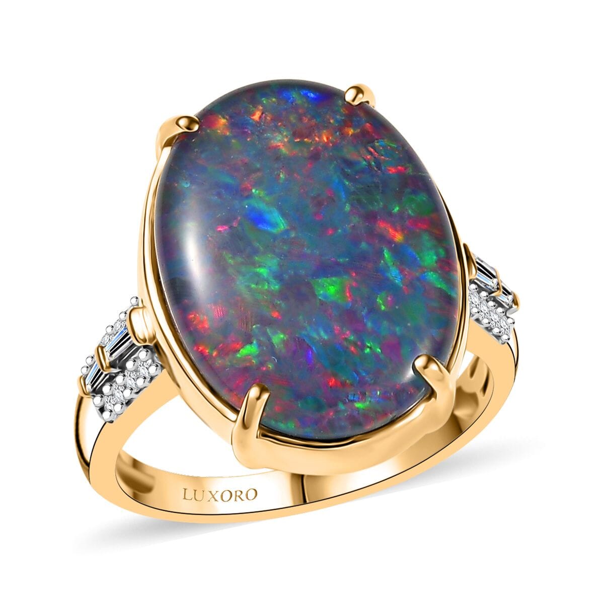 Luxoro AAA Elysian Opal (Triplet) and G-H I2 Diamond 6.40 ctw Art Deco Ring in 10K Yellow Gold (Size 7.0) image number 0