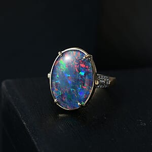 Luxoro AAA Elysian Opal (Triplet) and G-H I2 Diamond 6.40 ctw Art Deco Ring in 10K Yellow Gold (Size 7.0)