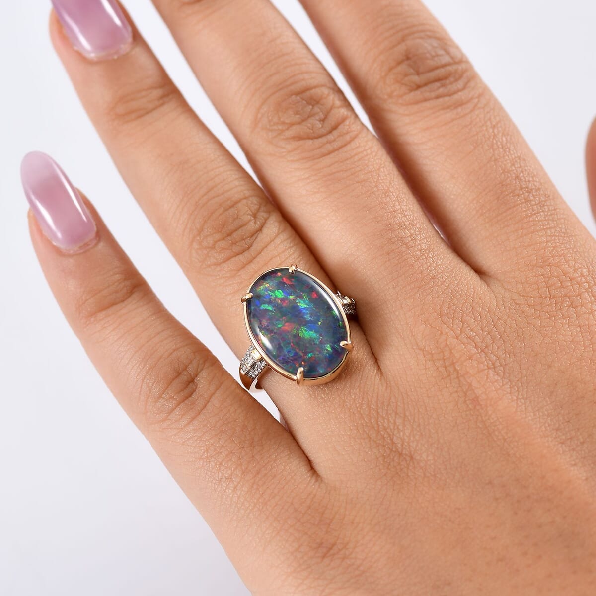 Luxoro AAA Elysian Opal (Triplet) and G-H I2 Diamond 6.40 ctw Art Deco Ring in 10K Yellow Gold (Size 7.0) image number 2