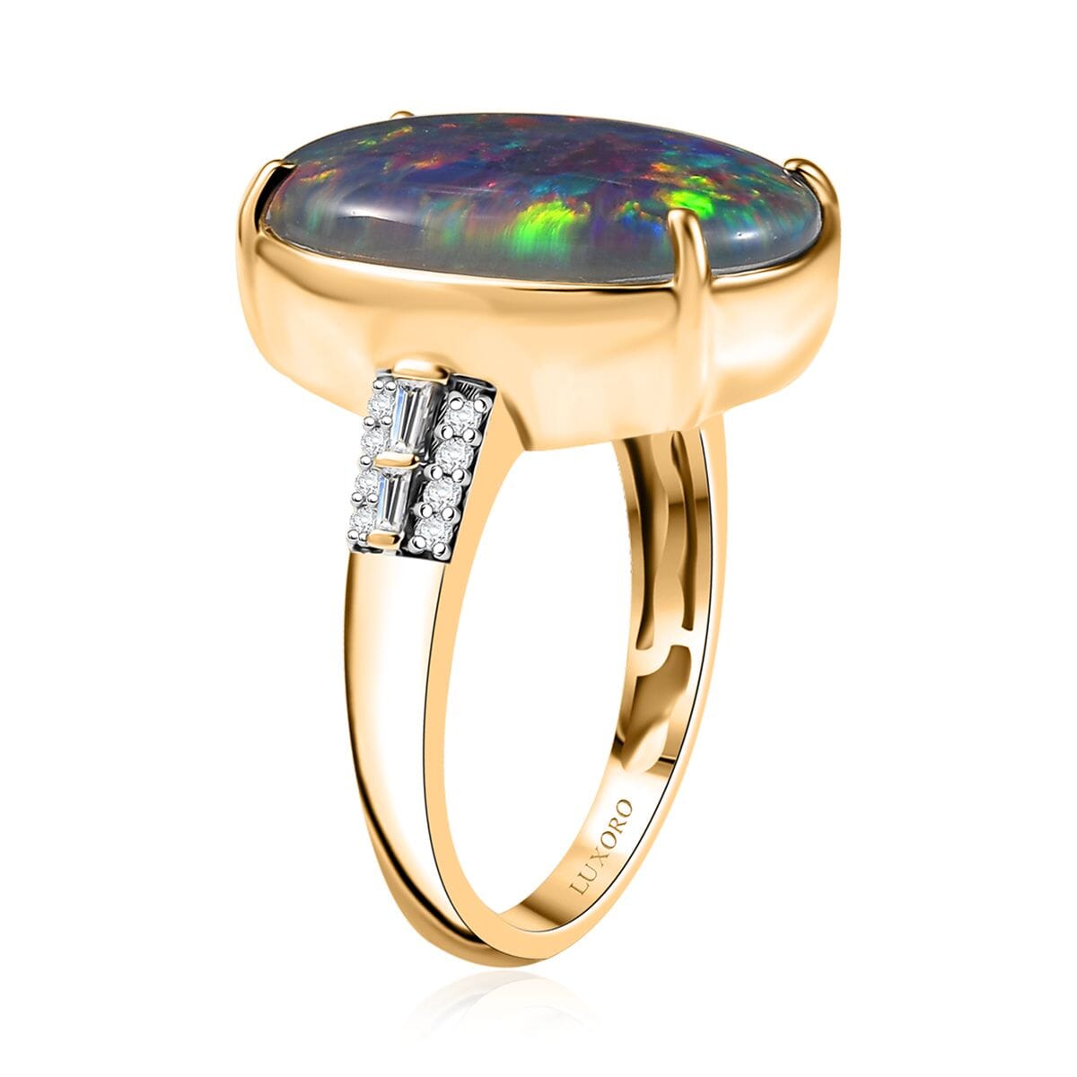 Luxoro AAA Elysian Opal (Triplet) and G-H I2 Diamond 6.40 ctw Art Deco Ring in 10K Yellow Gold (Size 7.0) image number 3