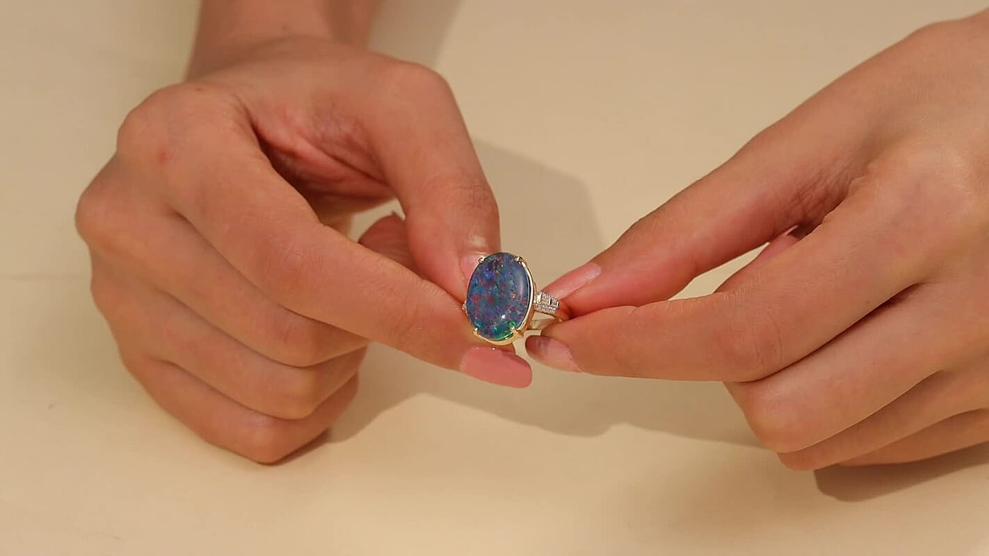 Luxoro AAA Elysian Opal (Triplet) and G-H I2 Diamond 6.40 ctw Art Deco Ring in 10K Yellow Gold