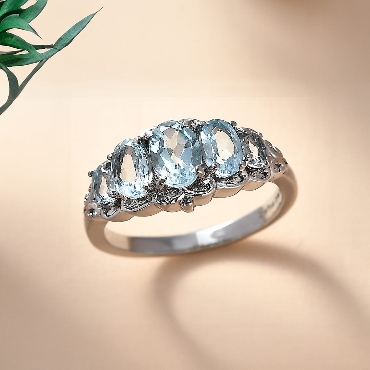 EverTrue Sky Blue Topaz 2.75 ctw 5 Stone Ring in Stainless Steel (Size 8.0)  image number 1