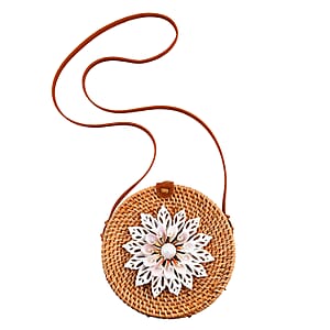 Tamsy Handmade Brown Round Crossbody Bag with Shell