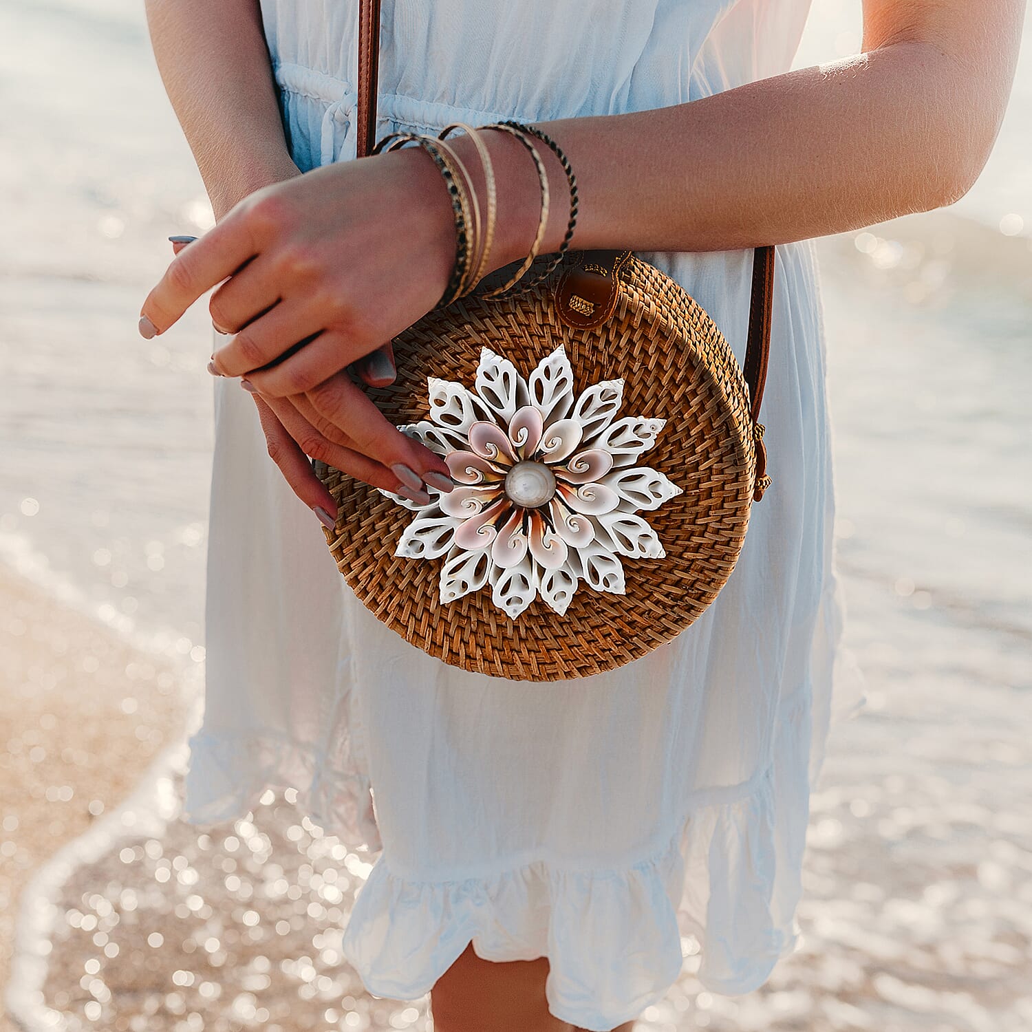 Tamsy Handmade Brown Round Crossbody Bag with Shell