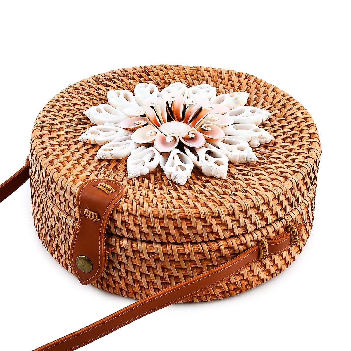 Tamsy Handmade Brown Round Crossbody Bag with Shell image number 3