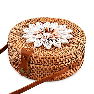 Tamsy Handmade Brown Round Crossbody Bag with Shell