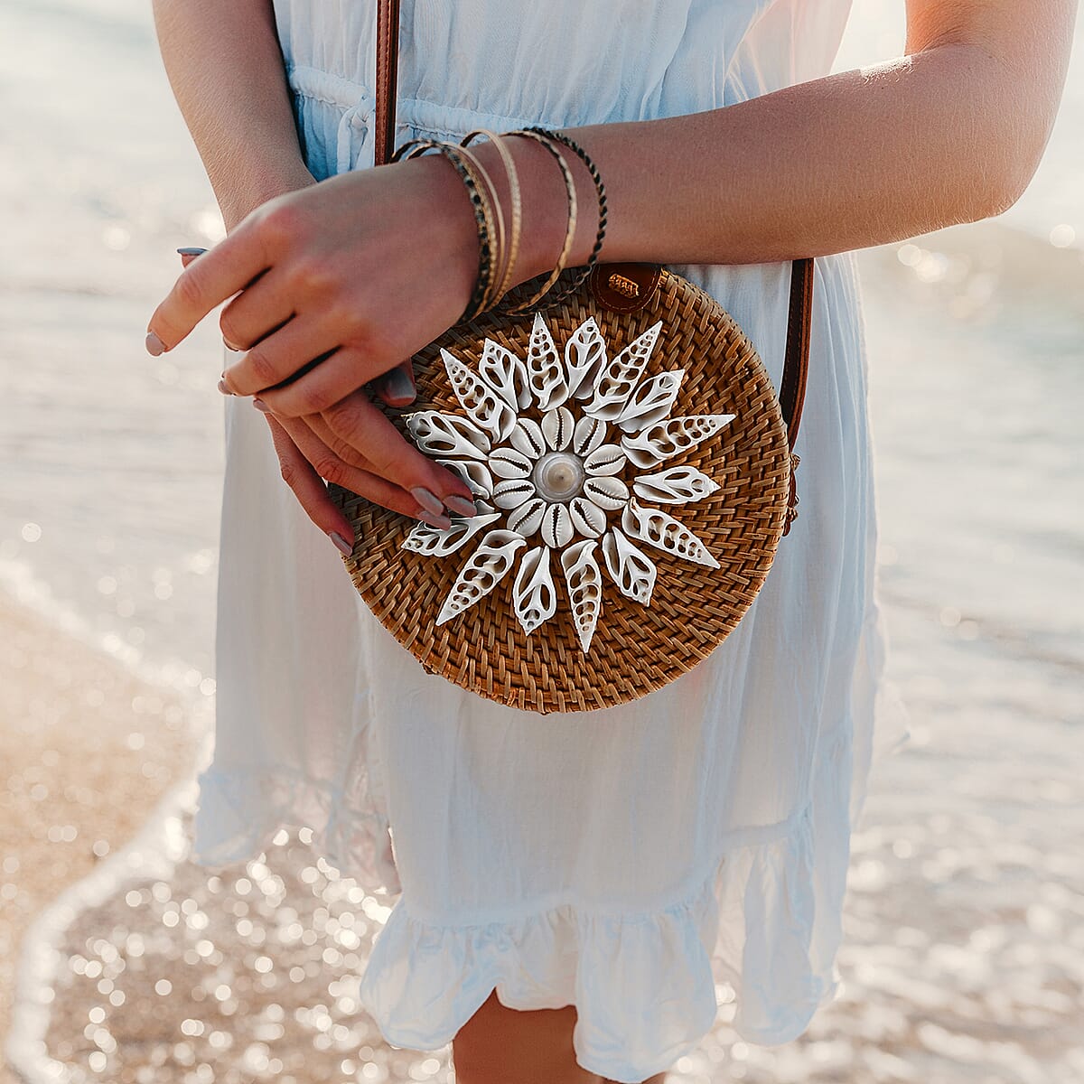 Tamsy Handmade Brown Round Crossbody Bag with Shell image number 2