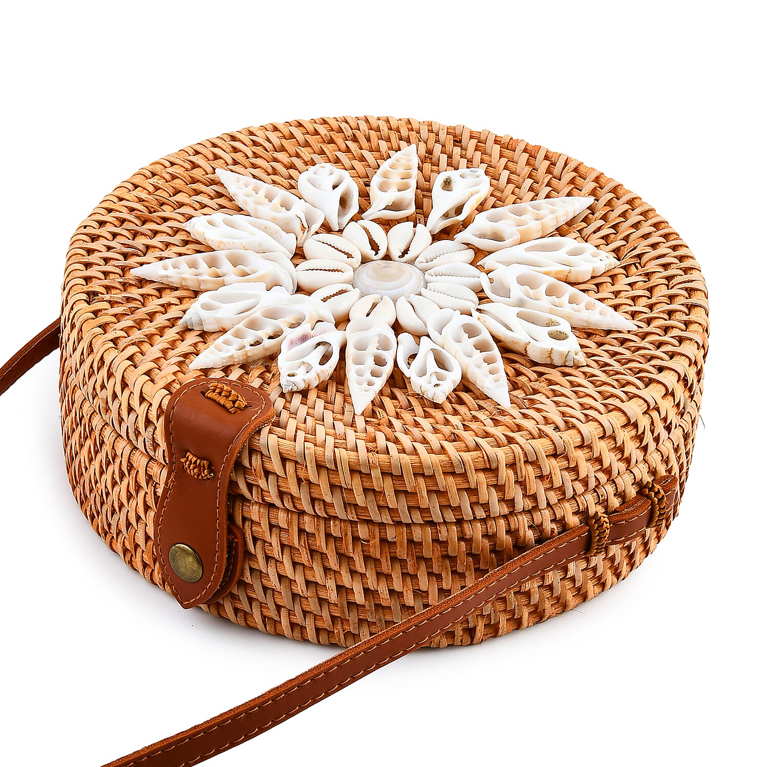 Tamsy Handmade Brown Round Crossbody Bag with Shell