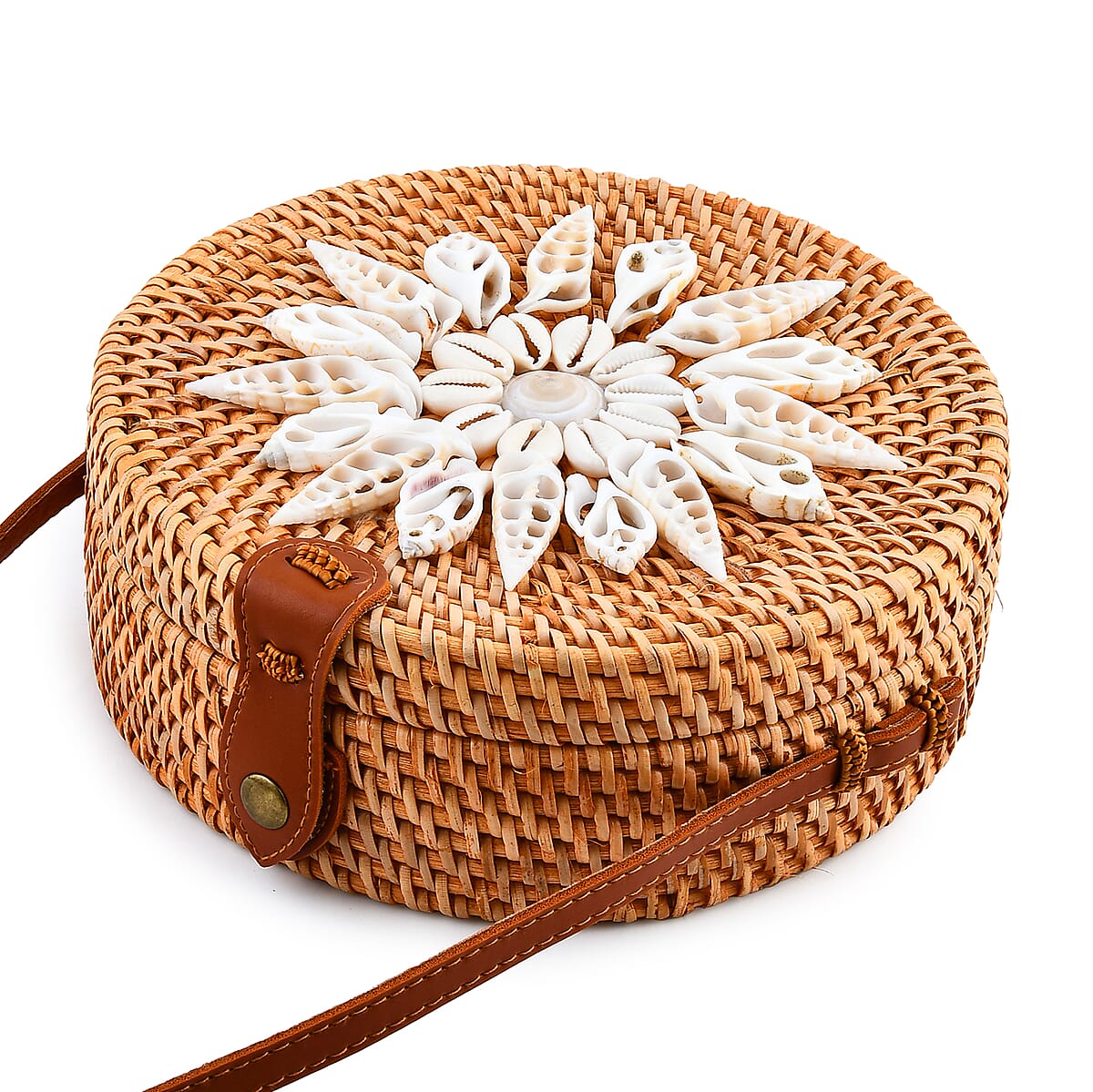 Tamsy Handmade Brown Round Crossbody Bag with Shell image number 3