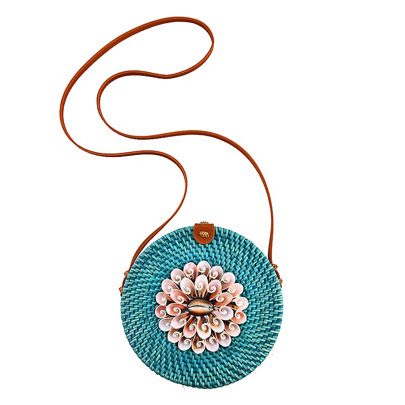 Tamsy Handmade Green Tosca Round Crossbody Bag with Shell